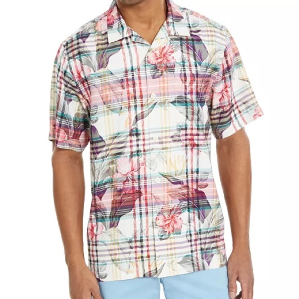 Tommy Bahama Men’s Huladays 100% Silk Floral Plaid Shirt – XL – Island Vibes